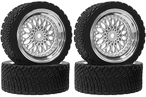 KINGCOO RC Auto Reifen und Räder Set, 4Stück 65mm RC Rally Auto Gummireifen Kunststoffbeschichtung Rad Felgen für 1/10 RC On-Road Rally Racing Car für Tamiya WR8 HPI HSP TT02 (Silber)