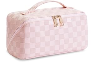 VINBAGGE akeup Bag - Large Capacity Travel Cosmetic Bag, Portable Leather Waterproof Women Travel Makeup Bag Organizer, with Handle and Divider Flat Lay Checkered Cosmetic Bags (Black)