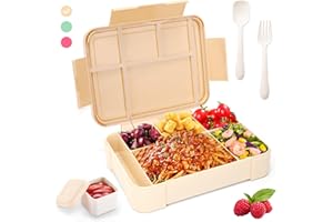 WECUTE Fiambrera Lunch Box, 1330Ml Bento Box Fiambrera Infantil y Adultos con 5 Compartimentos y Cubiertos Caja de Almuerzo de Plástico Caja de Alimentos sin BPA, Para microondas (Caqui)