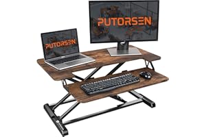 PUTORSEN Standing Desk Converter with Height Adjustable 32 inch Stand Up Desk, Ergonomic Sit Stand Dual Monitor and Laptop Riser Tabletop Workstation Rustic