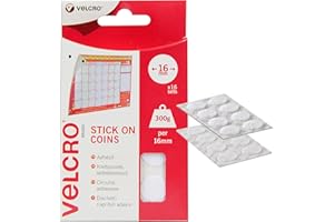 VELCRO Brand Stick On Coins Double Sided Hook & Loop Self Adhesive Sticky Coins Perfect for Room Décor & Home, Office, Garage Use White 16mm x 16mm Set of 16