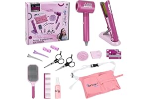 Focenat 15PCS Children Salon Hairdresser Set, Kids Hairdressing Set with Hairdryer, Hair Straightening iron and Accessories, Salon Vanity Case Hairdresser Set Pretend Play Toys for Girls Age 3-8