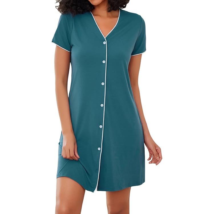 Chemise De Nuit Femme Lovasy - Coton Boutonnée Avec Poches