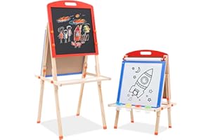 Arkyomi Tablica dziecięca sztaluga drewniana, tablica dla dzieci, dwustronna, tablica do pisania kredą i tablicą suchościeralną, zestaw z regulacją wysokości, tablica do malowania z rolką papieru,