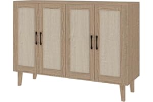 Panana Buffet Storage Cabinet with Rattan Decorating Living Room Wood Kitchen Sideboard Accent Cabinet (123(W) x 38(D) x 88(H) cm, Natural Wood)