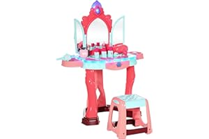AIYAPLAY Tavolino Toeletta per Bambine con Sgabello, Specchio, Luci e Accessori, Tavolo da Trucco in PP e GPPS, 57x34x76 cm, Blu Rosa e Rosso