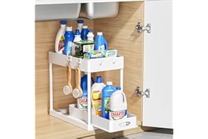 Coovee Organizador Bajo Fregadero Cocina, Baño con Cajón de Almacenamiento Deslizante de 2 Niveles para Cosméticos Cocina Despensa,con Cuatro Ganchos(Negro) (blanco-1)
