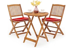 GIANTEX Salon de Jardin 2 Personnes en Bois d'Acacia, Table de Jardin Extérieur avec Chaise Plaintes, 2 Coussins Amovibles, pour Terrasse, Balcon, Bistrot (Rouge + Naturel)