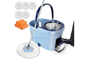 OZD Serpillière Seau Essoreur à Pédale, Balai Magique et Seau Essoreur en Microfibre, Rotative 360° Sceau Menage Essoreur avec Manche Téléscopique en INOX pour Lavage de Sol - 5 Mop Tampons（Bleu）