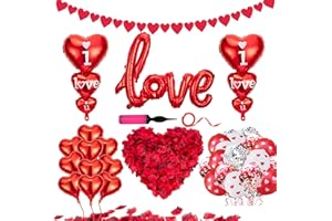 HUTATO Valentine's Day Decorations Kit -I Love You Heart Foil Balloons Hearts Hanging Banner Garland,1000 PCS Red Rose Petals for Valentines Wedding Bridal Anniversary Engagement Proposal Romantic Decor