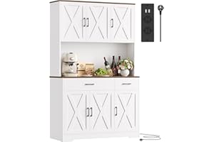 HOCSOK Alacena de Cocina 105x180 cm (BxH)，Armario Blanco con Enchufes, Estantes Ajustables, Mueble de Cocina con Soporte para Microondas, para Comedor Y Sala de Estar