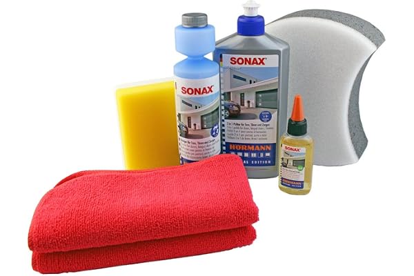 Hörmann SONAX Rengörings- och skötselset 7 delar (500 ml 2-i-1 polering, för dörrar och delikat, olja, 2 x mikrofiberdukar, rengöringsmedel, 2 x svampar) 4020356