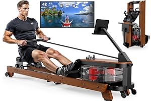 VOWVIT Rameur à Eau en Bois Pliable pour Appartement, Rameur Musculation avec Moniteur Bluetooth, Support Tablette et Siège Confortable, Capacité 180 kg