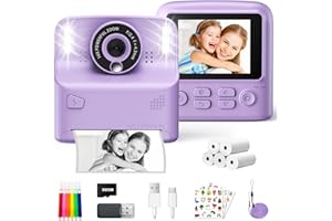 PHNIXGAM Kids Instant Print Camera with 2 Flash Lights, Children Selfie Digital Camera with 2.4 Inch Screen, 32GB Card, 5 Rolls Print Paper for Age 3-12 Girls Boys Toy Gifts Travel (Purple)