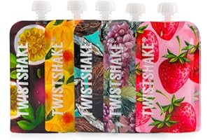 Twistshake Baby Food Pouches 220ml – Pack of 5 | Reusable Double Zip for Weaning, Yoghurt & Purees | BPA-Free Washable Squeeze Bag | Freezer-Safe Storage | Fruit Design