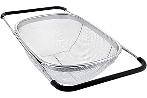 HOJKMA Edelstahl Sieb für Spüle Abtropfsieb Ausziehbar, Über dem Spülsieb Erweiterbares Ovales Siebkorbsieb mit Gummigriffen 6 Quarts Sieb für Küchenspüle, Abfluss, Spülen von Obst, Gemüse, Schwarz