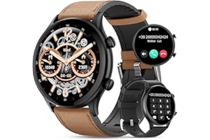 WalkerFit Montre Connectée Homme: 1.39“ Smartwatch Sport Ronde avec Appels Bluetooth, 110+ Modes Sportifs Podometre avec Moniteur De Fréquence Cardiaque/Sommeil/Étanche pour iOS/Android (Cuir)
