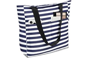 LEKEFETO Bolsa Grande de Playa con Cremallera - Impermeable, Plegable con Varios Bolsillos para Baño, Viajes, Vacaciones, Fitness - Rayas Azul Marino