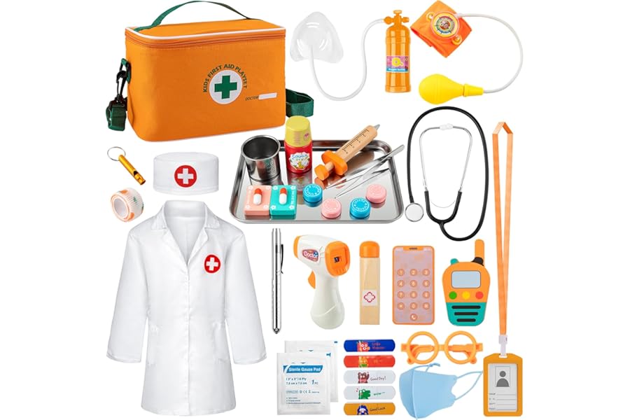 EFO SHM Doctors Set for Kids, Wooden 34-piece Kids Doctors Kit, with Real Stethoscope Portable Doctors Bag and Wooden Syringe, Role Play Toys for 3 4 5 6 Year Old Girls and Boys