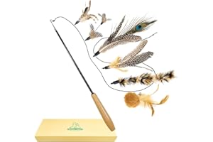 Pawfect Family® Interactive Cat Teaser Toy Set with Wooden Wand handle and 6 Feather/Plush Attachments - Extendable/Retractable fishing rod Stick for Indoor and Outdoor Cats