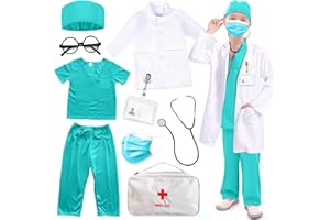 BNLIK Déguisement Docteur Enfant 9 Pièces: Carnaval Jeu d'imitation Docteur Kit Médecin Malette avec Stéthoscope Lunettes Manteau pour Garçon Fille 3 4 5 6 7 8 9 10 Ans-Costume de médecin pour Cosplay