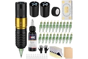 Solong Tattoo Zestaw Maszyny do Tatuażu 2 Baterie 7 Uderzeń, Obrotowy Bezprzewodowy Pistolet Długopis do Tatuażu z Cyfrowym Wyświetlaczem LCD, 20szt Igły do Kartridży, 30ML Czarny Tusz dla