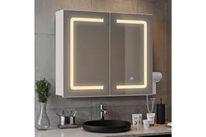 Blishom Armadio da bagno da, con specchio e illuminazione a LED, dimmerabile, con sensore di contatto, presa elettrica, ripiani regolabili, doppia porta in MDF di alta qualità, bianco (60 x 80