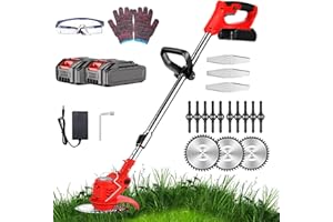 MYJHUIY 24V Cordless Grass Strimmer, Electric with Blade Grass Trimmer, 2 * 1500mAh Batteries Garden Trimmer, Light Weight/Quick Charging/ 3 Types Blades,Height Adjustable Grass Trimmer（Red）
