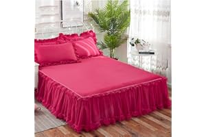 KJHG Bettvolant Bettrock Tagesdecke Ruffle Bettüberwurf Spitze Rüschen Bett Rock 3PCS Sets Bettwäsche Prinzessinnen-Stil,Rosered-150X200CM