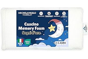 Michelangelo HomeRelax - Cuscino Bambino PREMIUM, 2 3 4 5 Anni Memory Foam, Antisoffoco per Lettino, 50x28 Made in Italy, OEKO-TEX, Ipoallergenico Anallergico Antiacaro, da Viaggio Culla