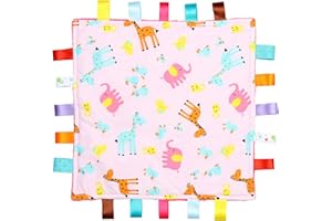 FOR THE LOVE OF BABY LEISURE Pink Baby Tag, Taggy Blanket - Pink with Giraffe, Elephant and Chick Animal Tag, Taggy Blanket - Plain Pink Textured Underside