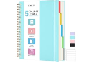 OMEYA Spiral Notebook 8.5" x 11", 5 Subject Notebooks College Ruled with Removable Dividers, 300 Pages 100GSM Thick Spiral Writing Journal for Women & Men, Large A7 Lined Journal Notebooks for Work, School