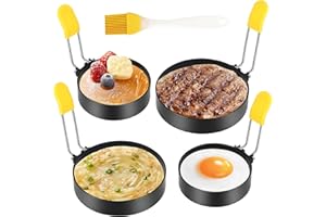 Sprifityy 4 Anillos de Huevo Antiadherentes de Acero, Moldes Para Huevos Fritos, Con Mango + Cepillo De Silicona, para Hacer Desayuno Almuerzo, Panqueques Muffins de Huevo Escalfado