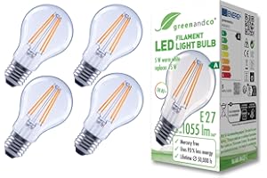 greenandco 4 lampadine a filamento LED | trasparenti | E27 A60 | 5 W 1055 lm | sostituisce 75 W | 2700 K bianco caldo | 320° | 230 V | senza sfarfallio | Classe energetica A | non dimmerabile
