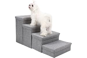 Petyoung 4-Steps Cat Dog Steps Stairs with Storage Boxes, Foldable Non-Slip Dog Stairs for Bed Sofa, Dog Ramp Pet Safety Ladder for Dogs Cats