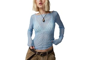 Yassiglia Women See Through Sheer Top Sexy Mesh Layering Shirt Long Sleeve Turtleneck/Off Shoulder Lace Tops Underwear Tee Y2K Aesthetic Clothes