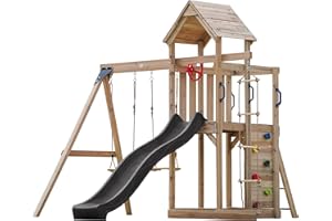AXI Moos Kompletny plac zabaw z 2 hustawkami, drabinka linowa/zewnetrzny plac zabaw z hustawkami/piaskownica/scianka wspinaczkowa/zjezdzalnia Szary|Domek zabaw wykonany z drewna na palach na
