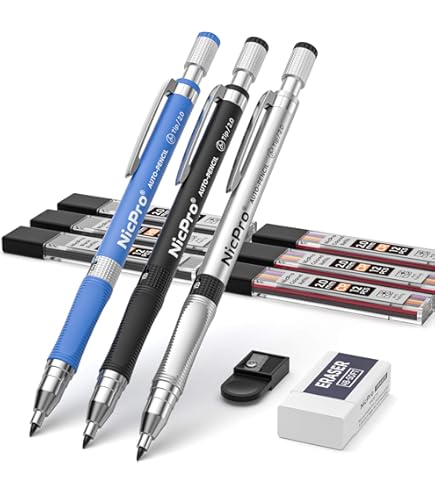 CQXSYTBN crayon mécanique 2mm dessin technique – 1 porte-mine métal + 12 mines graphite + gomme – crayon automatique croquis précis, gris, pour artiste, étudiant, professionnel, écriture et esquisse