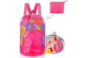 ENAIAH Grand Sac en Maille, Rangement de Jouets de Plage Sac en Filet Sac de Jouets Plage Pliant Sac à Dos, Pour les vacances en famille, voyage de plage, Natation, Jouets (Rouge)