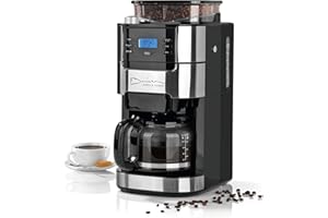 Barista Kaffee & Technik Cafetière Filtre avec verseuse erseuse en verre 1L pur 12 tasses de café, Machine a cafe grain avec broyeur et écran digital, Fonction de minuterie