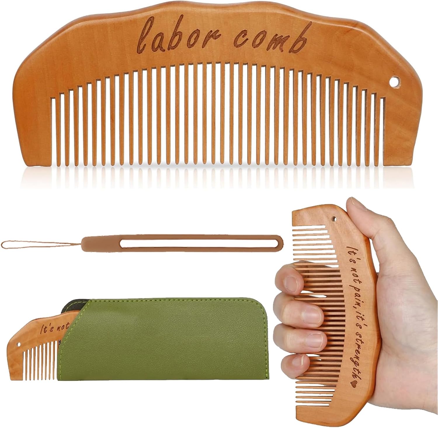 YAOYYG Peine de Partos, para el Dolor de Parto, Peine Madera Parto con Estuche de Cuero Madera Peine, Alivio Del Estrés Para Embarazadas, Regalo Embarazadas (Marrón)