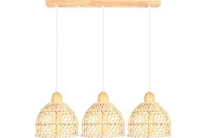 iDEGU 3 Luces Lámpara Colgante Moderna Creativa Lámpara de Techo Interior Diseño Boho en Bambú y Madera Pantalla de Jaula Ratán Vintage Luz Colgante para Salón Comedor Cocina Dormitorio(20cm, Barra)