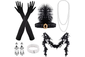 FEPITO 1920s Accessories Set Flapper Headband Necklace Earrings Long Black Gloves Boa Great Gatsby Theme Party Accessories