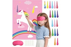 PLULON Pin The Horn On The Unicorn for Kids Birthday Party Game, Unicorn Party Supplies Favors Girls Rainbow Birthday Decorations Poster Home Family Wall Decorations for Girl Boy Classroom Activities