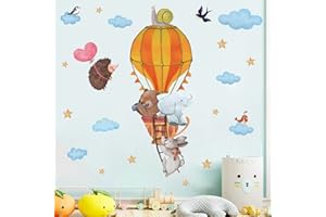 ANHUIB Adesivo Murale per Animali,Adesivi Murali Animali in Mongolfiera,Adesivi da Parete Elefante,Adesivi da Parete Nuvole a Stella,Sticker Muro Stanza per Bambini,Decorazione Murale Camera da Letto