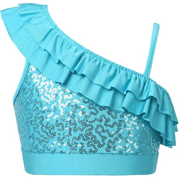 Top Da Ballo Bambina Con Paillettes - Scollo Asimmetrico, Volant - Per Danza Classica, Latino E Jazz