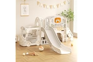 Lnhcrbs Kinderrutsche, Rutsche mit Kletterleiter, Basketballkorb, Lokomotive, Fernglas, Trompete, die Rutsche Ist Sowohl für Draußen Als Auch für Drinnen Geeignet，Materielle Sicherheit