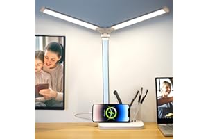 Qooltek LED Desk Lamp for Home Office, Touch Control Table Lamp with 5 Color Modes and Adjustable Brightness, USB Bedsides Reading Light, LED Lights for Bedroom, Auto Timer, Silver White, 5W