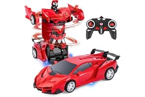 Highttoy Voiture Télécommandé Robot, Transformateur Jouets 3-12 Ans Garçon Fille Cadeau Voiture Robot Transformable 2.4GHz Rotation à 360° Robot Jouet Enfant Rouge