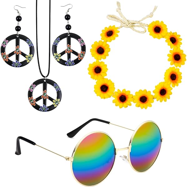 HEAWAA Hippie-Kostüm-Set – 5-teilig Mit Stirnband, Brille & Schmuck, Rosa